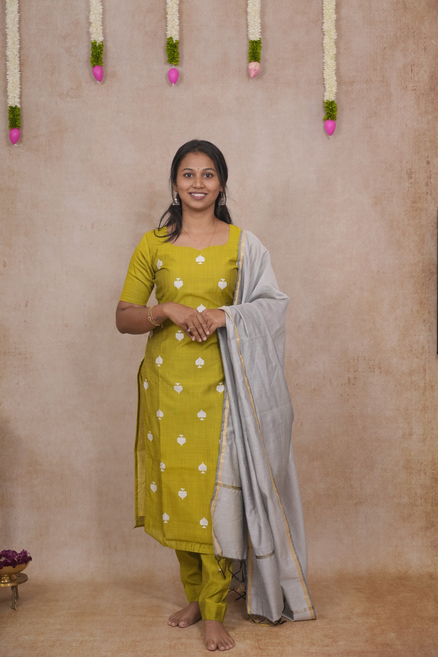 Olive green spade motif salwar set