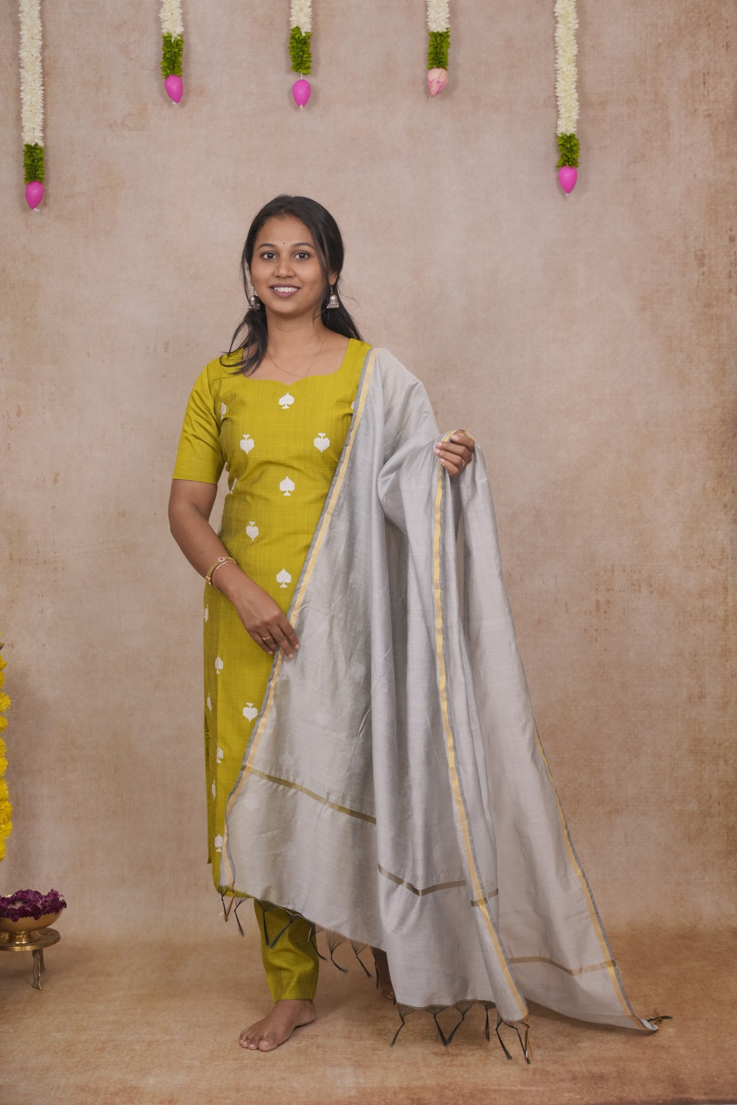 Olive green spade motif salwar set