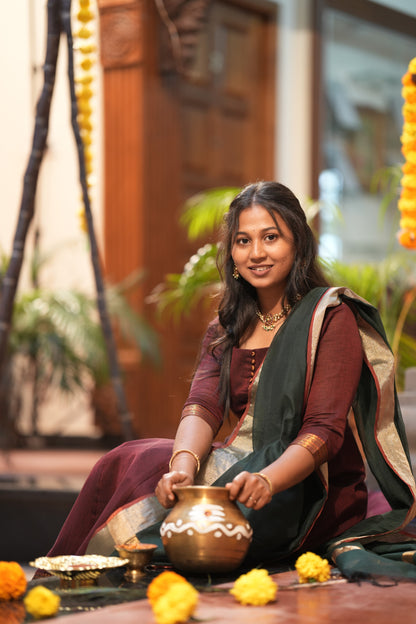 Maroon with green shawl Anarkali Suit