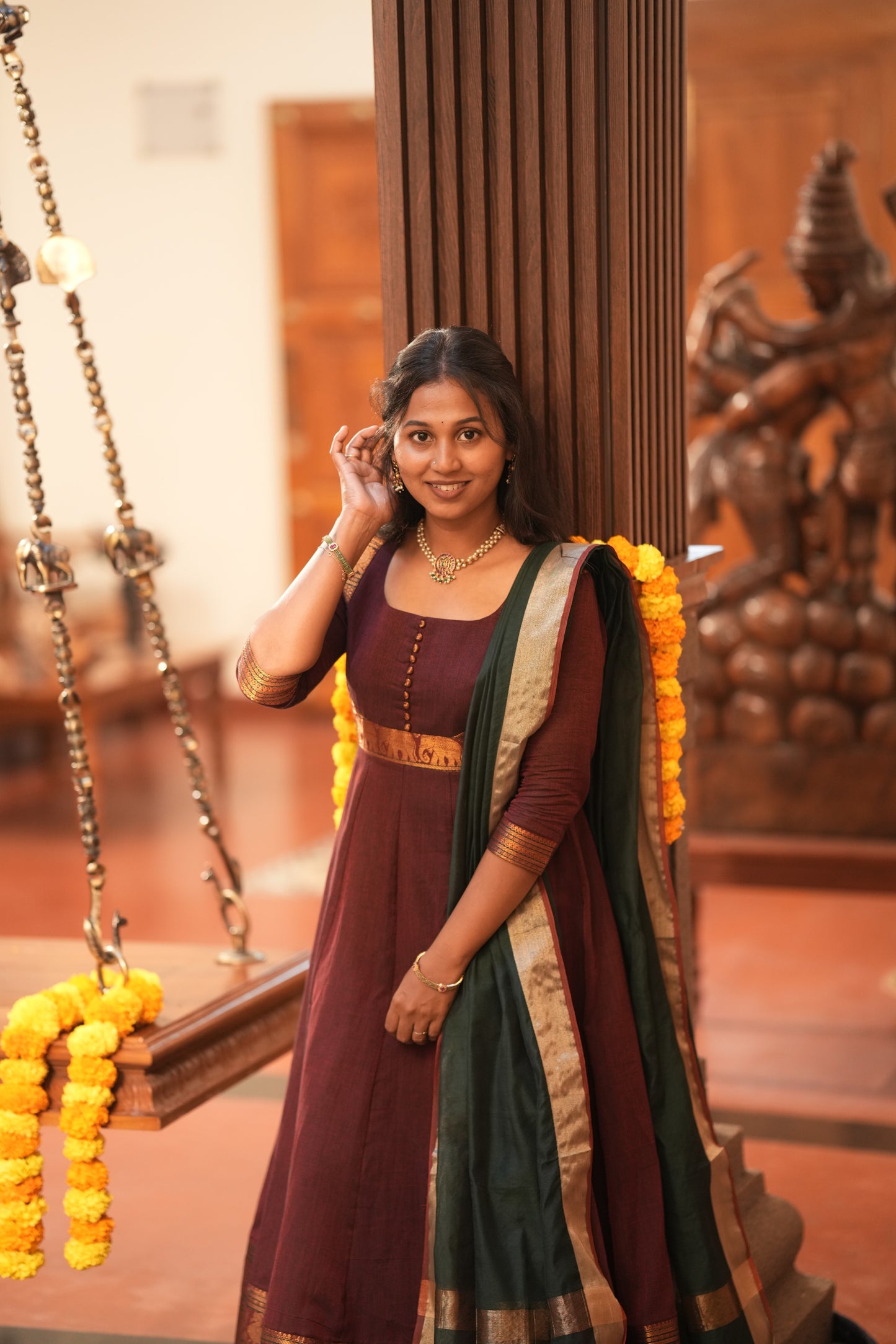 Maroon with green shawl Anarkali Suit