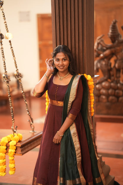 Maroon with green shawl Anarkali Suit