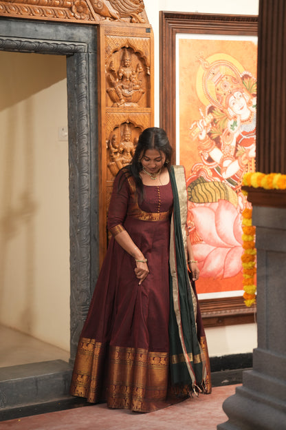 Maroon with green shawl Anarkali Suit