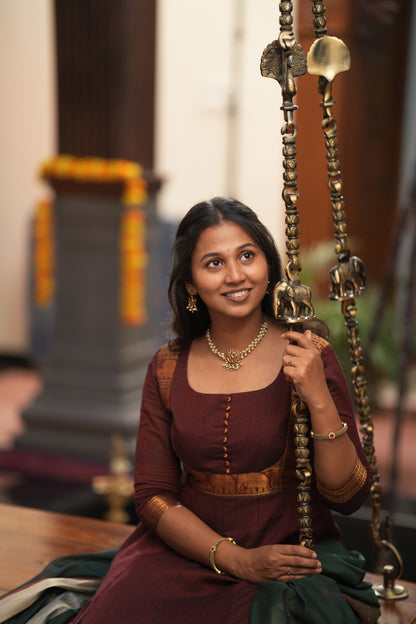 Maroon with green shawl Anarkali Suit