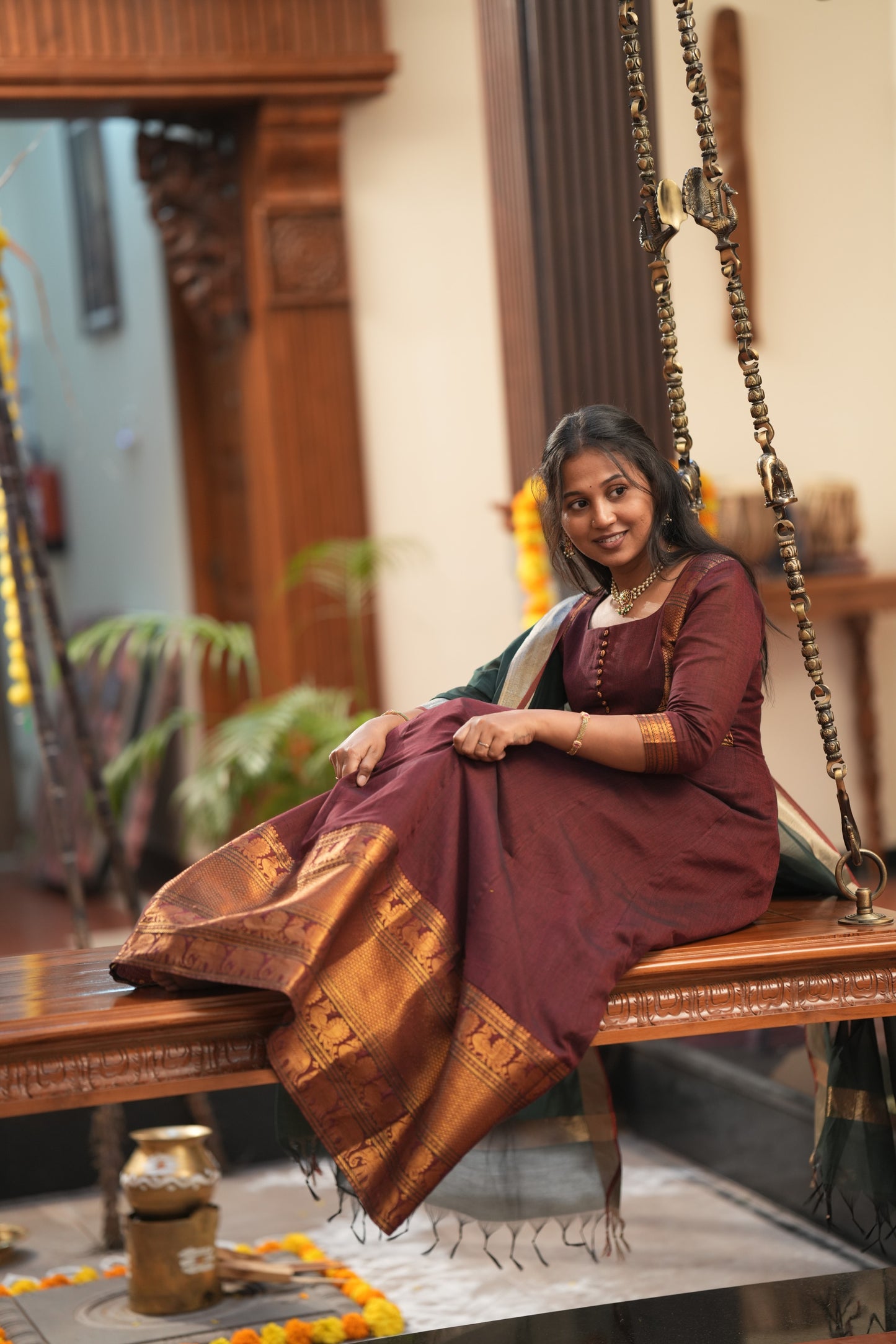 Maroon with green shawl Anarkali Suit
