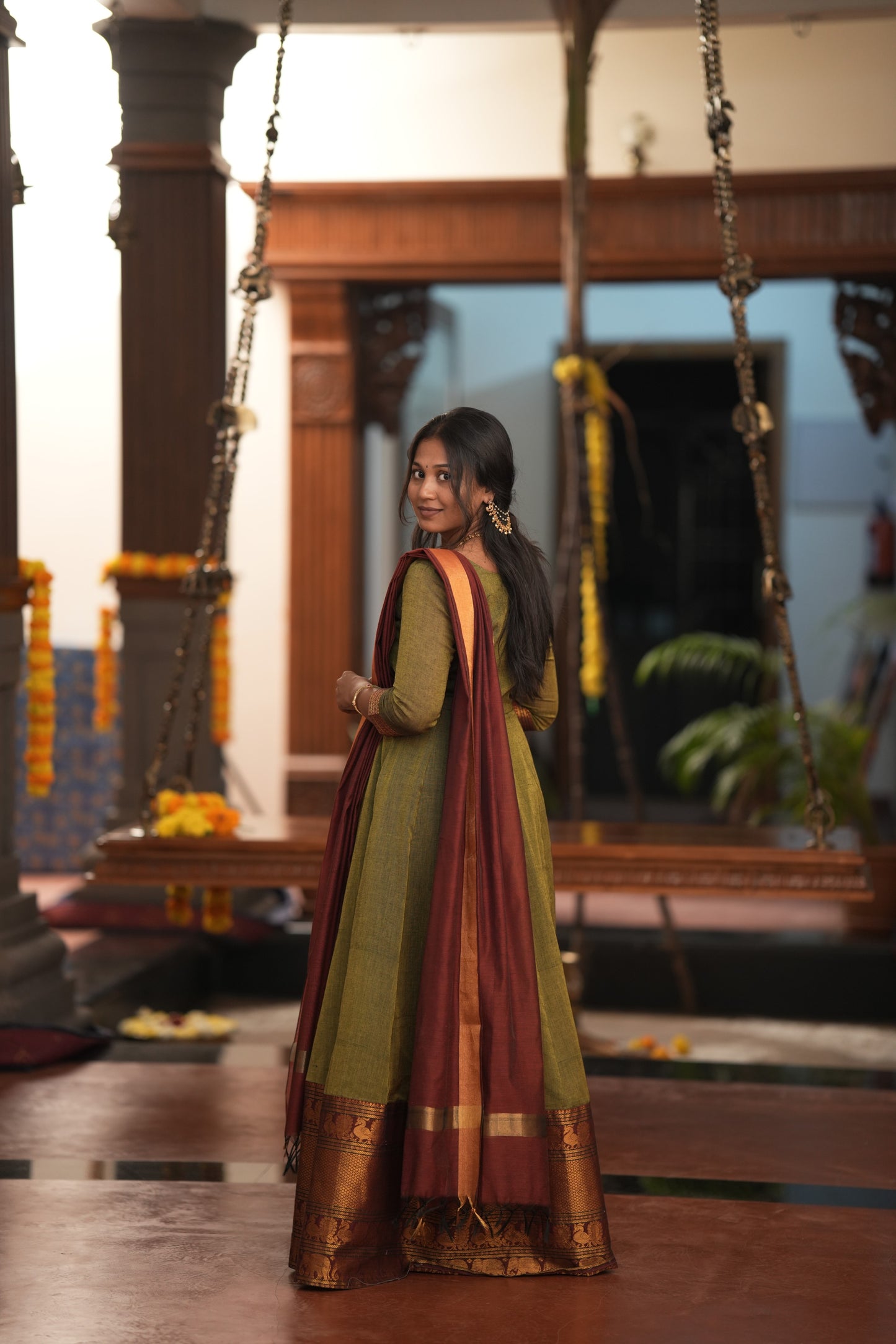 Green with Red shawl Premium Anarkali suit