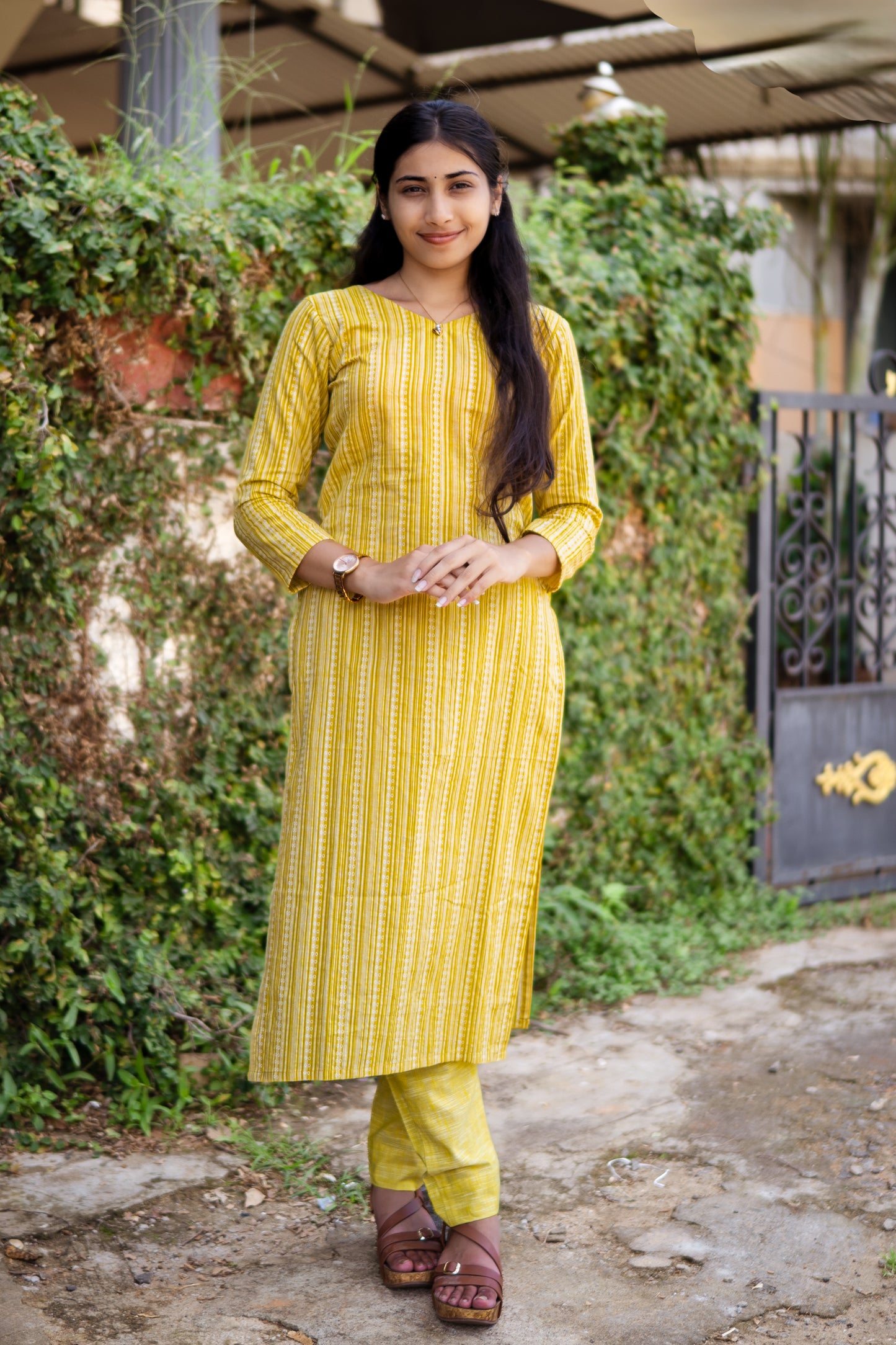 Lemon yellow stripped Kurti set