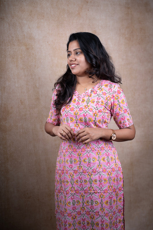 Pink Boho Floral Print Kurti