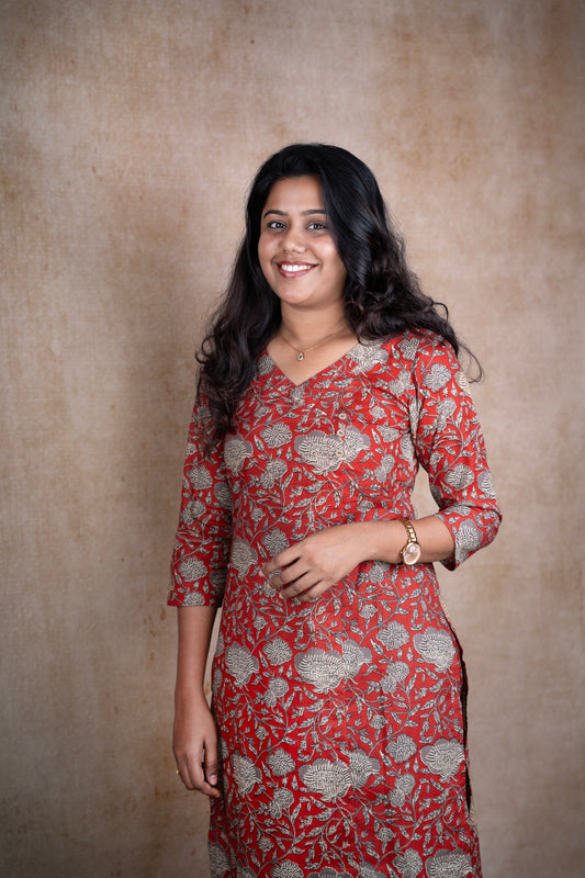 Red Handblock floral kurti