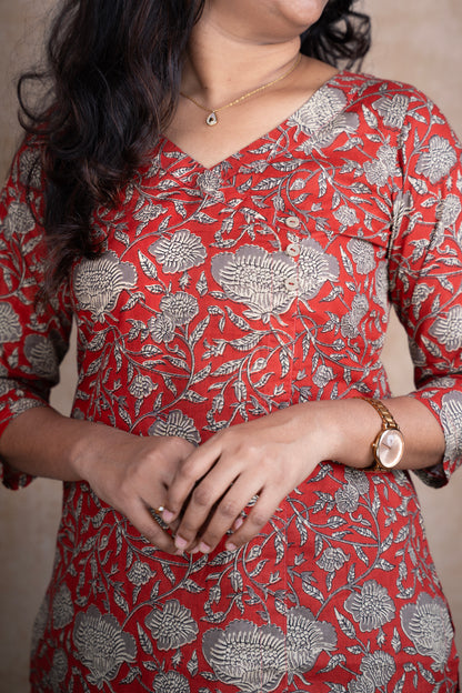 Red Handblock floral kurti
