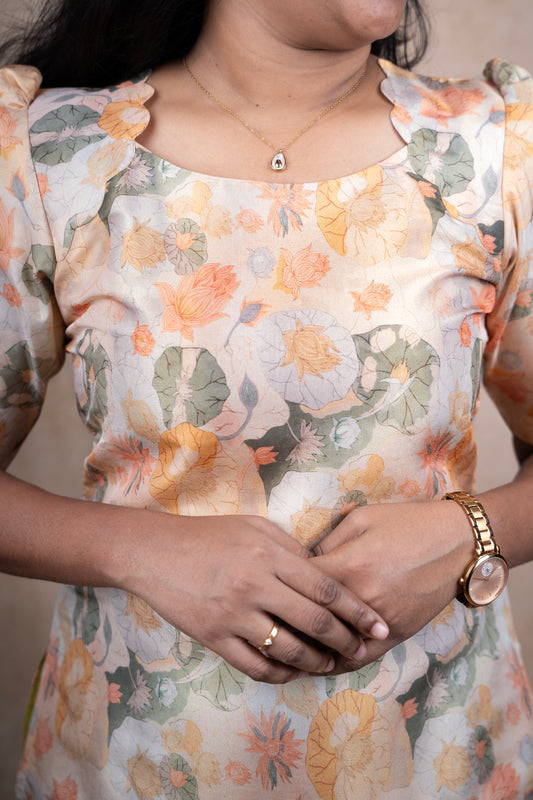 Soft Beige & Pastel Flower Kurti