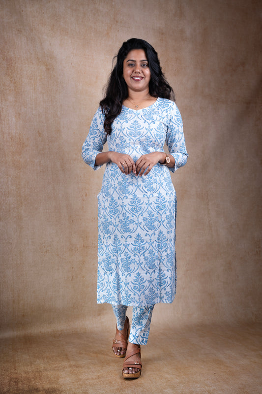 White & Blue Floral Jaal printed Kurti