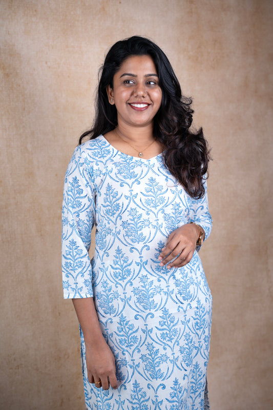 White & Blue Floral Jaal printed Kurti
