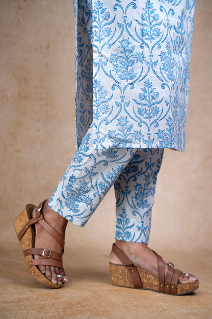 White & Blue Floral Jaal printed Kurti